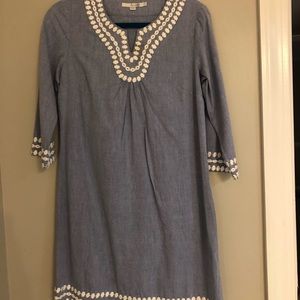 Boden Blue Linen Chambray embroidered Dress EUC